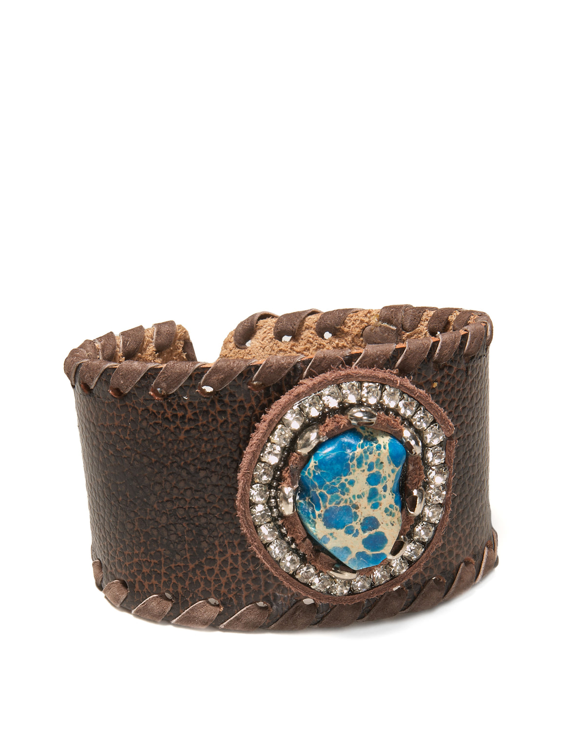 Vintage Leather Cuff with Blue/Green Rhinestones